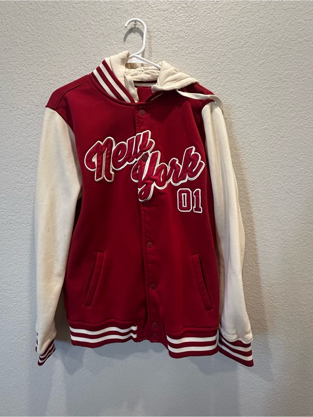 Rebel Minds Varsity Jacket Hooded Embroidered Red White Striped Collar Men's L